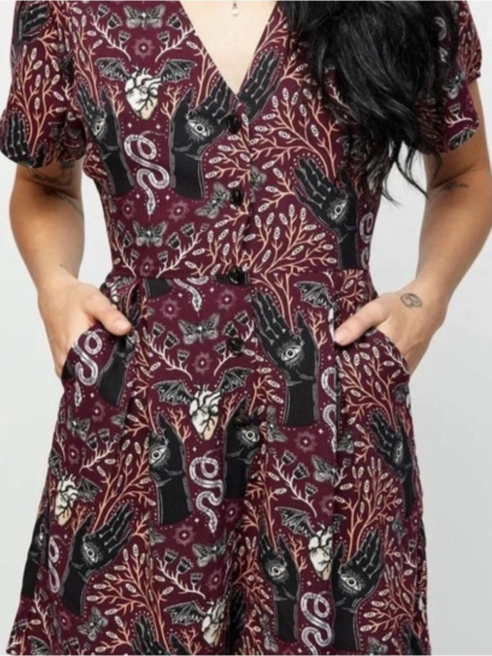 Disturbia Burgundy Jumpsuit with Black Occult Hand Print